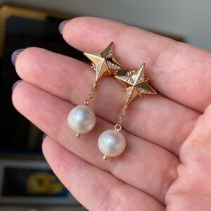 Ross Simons Pearl and White Topaz Celestial Earrings